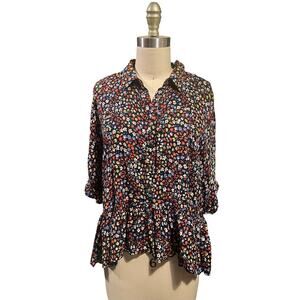 Maeve Anthropologie Mallory Ruffled Blouse Vibrant Floral Flutter Sleeve Top M